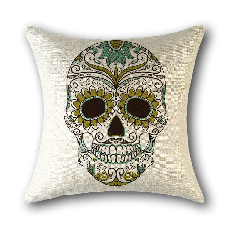 HKM-560851 Skull Print Linen Cushion Cover for Sofa and Bed - Decorative 45x45cm Pillow Case