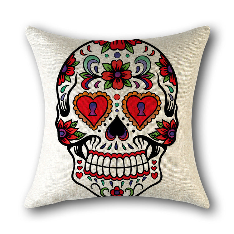 HKM-560851 Skull Print Linen Cushion Cover for Sofa and Bed - Decorative 45x45cm Pillow Case