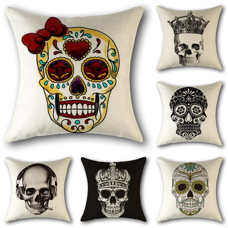 HKM-560851 Skull Print Linen Cushion Cover for Sofa and Bed - Decorative 45x45cm Pillow Case