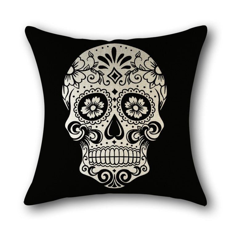 HKM-560851 Skull Print Linen Cushion Cover for Sofa and Bed - Decorative 45x45cm Pillow Case
