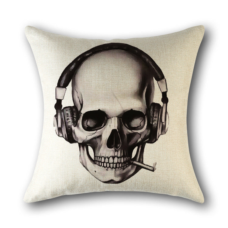 HKM-560851 Skull Print Linen Cushion Cover for Sofa and Bed - Decorative 45x45cm Pillow Case