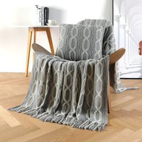 HKM-561299 Cozy Knitted Chenille Blanket Shawl - Bohemian Style Sofa Cover in Gray, Orange, Beige, Dark Green, Turmeric