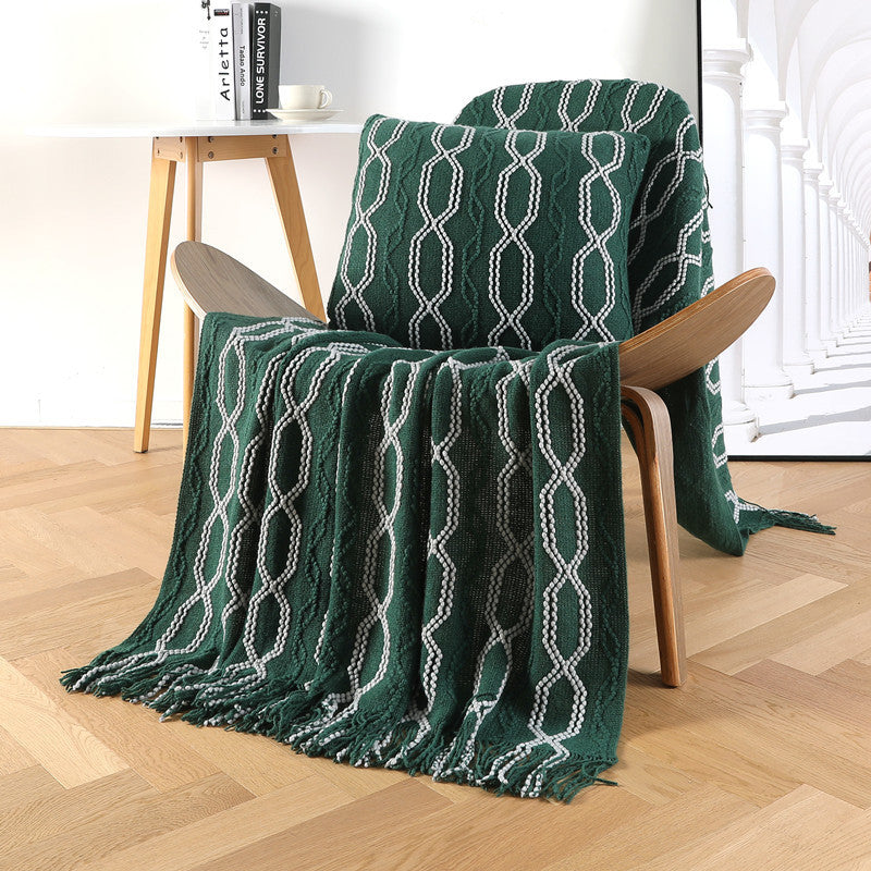 HKM-561299 Cozy Knitted Chenille Blanket Shawl - Bohemian Style Sofa Cover in Gray, Orange, Beige, Dark Green, Turmeric