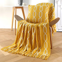 HKM-561299 Cozy Knitted Chenille Blanket Shawl - Bohemian Style Sofa Cover in Gray, Orange, Beige, Dark Green, Turmeric