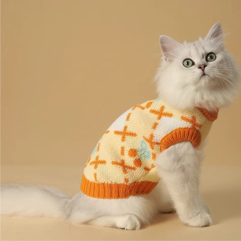 HKM-561875 Orange Cherry Cat Sweater for Autumn-Winter, Warm and Windproof, Available in Multiple Sizes