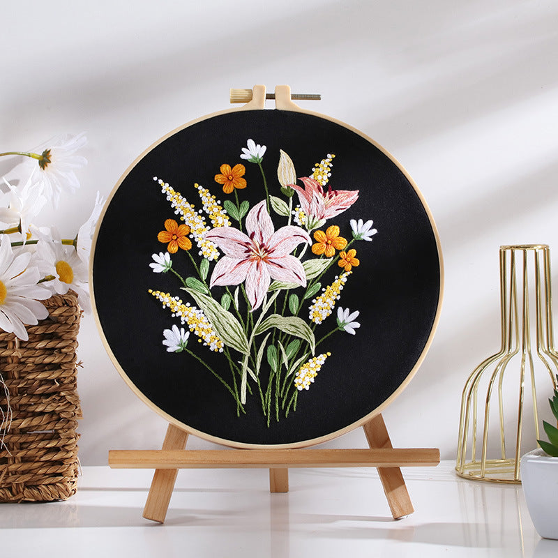 HKM-562451 DIY Colorful Flower Bouquet Embroidery Material Package with Imitation Bamboo Taboret