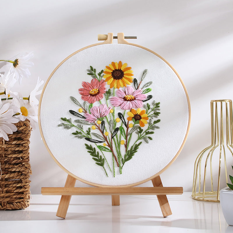 HKM-562451 DIY Colorful Flower Bouquet Embroidery Material Package with Imitation Bamboo Taboret
