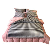 HKM-562451 Simple Cotton Velvet Brushed Four-Piece Bedding Set in Shu-Pink Houndstooth