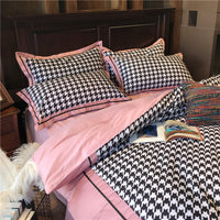 HKM-562451 Simple Cotton Velvet Brushed Four-Piece Bedding Set in Shu-Pink Houndstooth