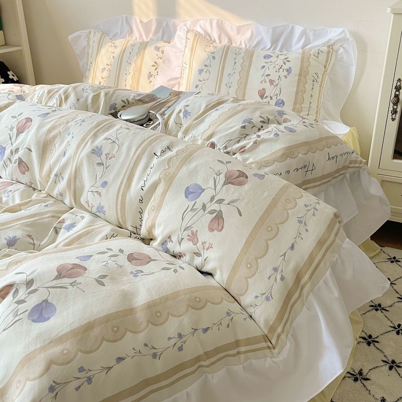 HKM-562771 Washed Cotton Four-Piece Bed Set with Duvet Cover and Sheets in Various Sizes