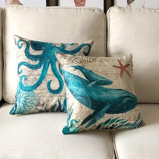KTX-563283 Linen Chair Cushion with Marine Animal Design and Flax Filling, Perfect for Any Room