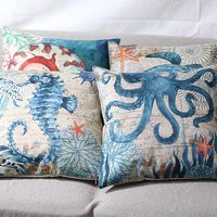 HKM-563283 Linen Chair Cushion with Marine Animal Design and Flax Filling, Perfect for Any Room