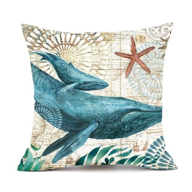 KTX-563283 Linen Chair Cushion with Marine Animal Design and Flax Filling, Perfect for Any Room
