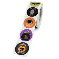 HKM-563475 Halloween Themed Round Sticker Label – Design Pattern with Owl, Ghost, Skull, Pumpkin, Bat, and Spider (1 Inch)