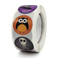HKM-563475 Halloween Themed Round Sticker Label – Design Pattern with Owl, Ghost, Skull, Pumpkin, Bat, and Spider (1 Inch)