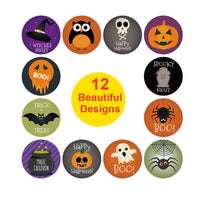 HKM-563475 Halloween Themed Round Sticker Label – Design Pattern with Owl, Ghost, Skull, Pumpkin, Bat, and Spider (1 Inch)
