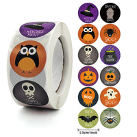 HKM-563475 Halloween Themed Round Sticker Label – Design Pattern with Owl, Ghost, Skull, Pumpkin, Bat, and Spider (1 Inch)