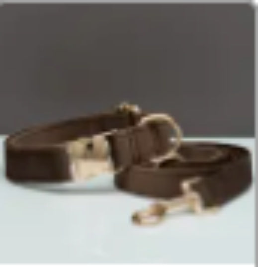 HKM-563475 Velvet Dog Collar and Leash Set with Bow Tie, Cotton Lining and Metal Buckle