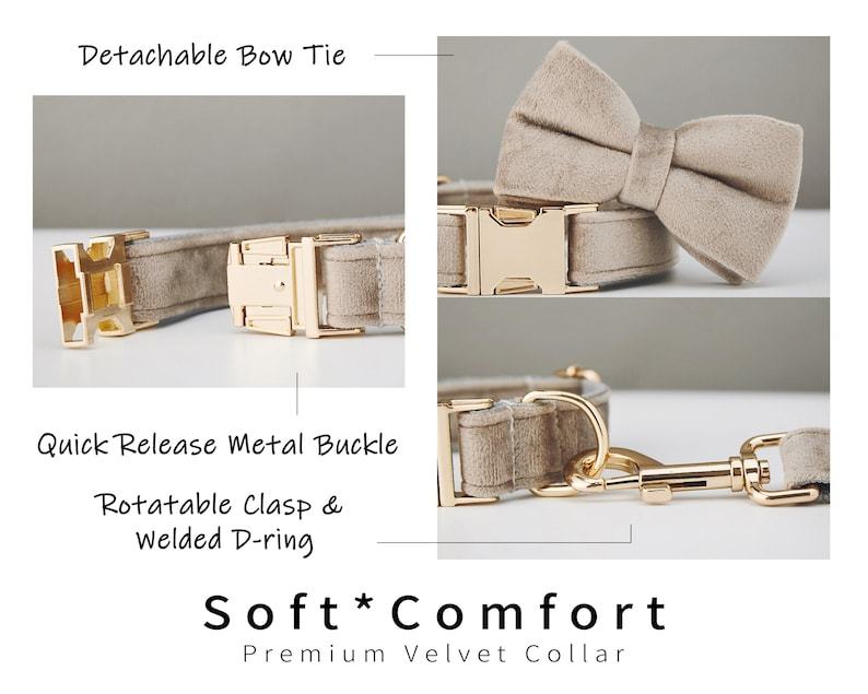 HKM-563475 Velvet Dog Collar and Leash Set with Bow Tie, Cotton Lining and Metal Buckle