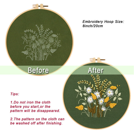 HKM-563603 Green Chrysanthemum Dandelion Daisy Embroidery Kit with Design, Fabric, and Tools