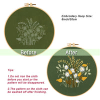 HKM-563603 Green Chrysanthemum Dandelion Daisy Embroidery Kit with Design, Fabric, and Tools