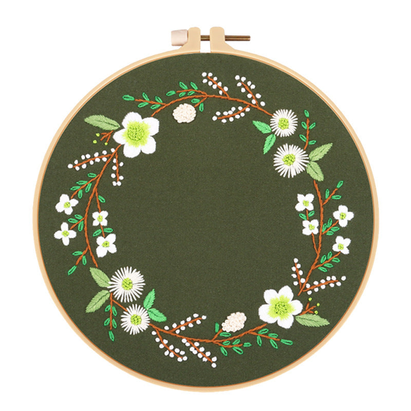 HKM-563603 Green Chrysanthemum Dandelion Daisy Embroidery Kit with Design, Fabric, and Tools