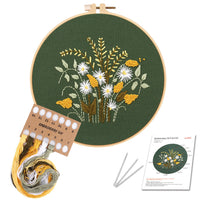 HKM-563603 Green Chrysanthemum Dandelion Daisy Embroidery Kit with Design, Fabric, and Tools