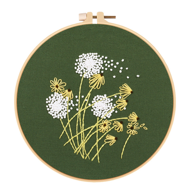 HKM-563603 Green Chrysanthemum Dandelion Daisy Embroidery Kit with Design, Fabric, and Tools
