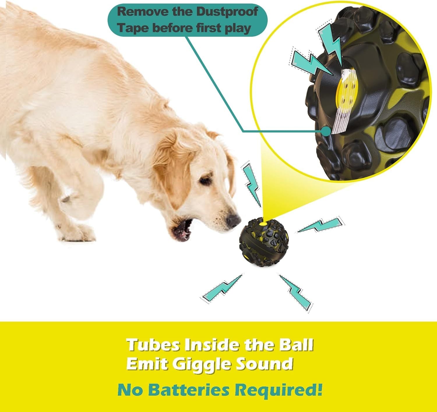 HKM-563795 Durable Interactive Chew Dog Ball with Giggle Sound - Non-Toxic Rubber, Teeth Cleaning Design, Black and Yellow