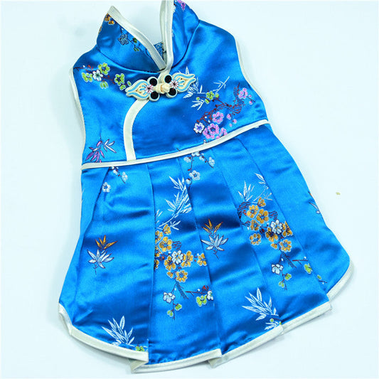HKM-564371 Spring and Summer Brocade Dress for Female Dogs and Cats in Blue and Red