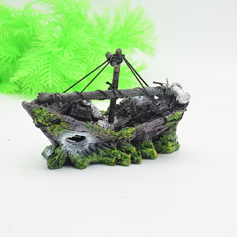 HKM-564435 Small Net Boat Aquarium Decoration - Eco-Friendly Resin Fish Tank Accessory