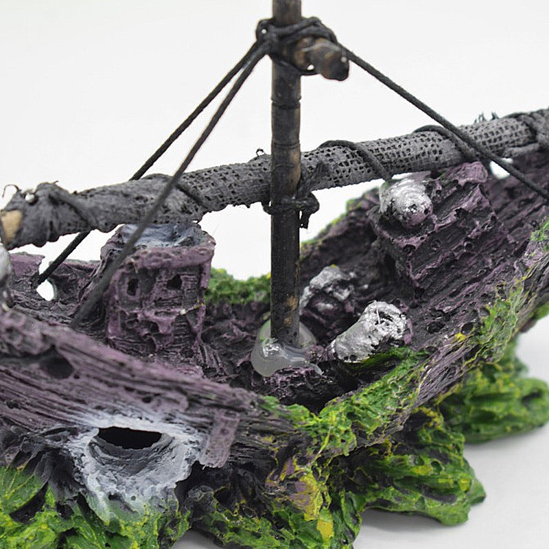 HKM-564435 Small Net Boat Aquarium Decoration - Eco-Friendly Resin Fish Tank Accessory