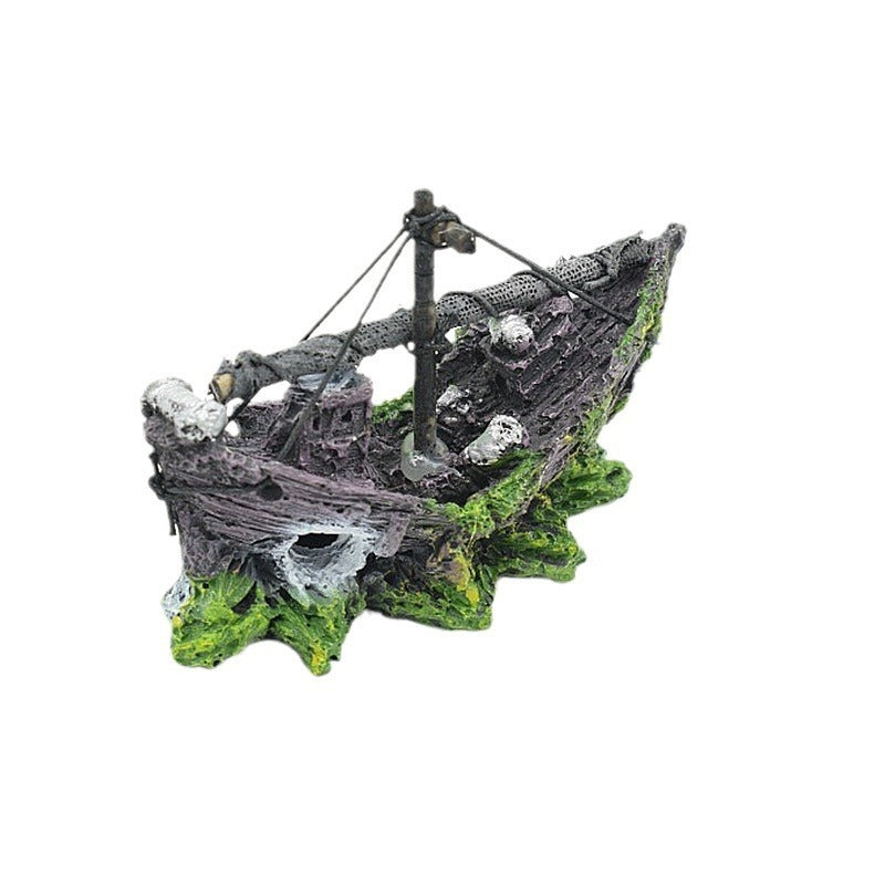 HKM-564435 Small Net Boat Aquarium Decoration - Eco-Friendly Resin Fish Tank Accessory