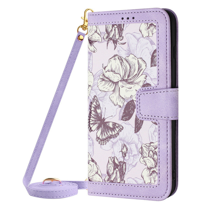HKM-565011 Floral Flip Leather Case with Lanyard for iPhone Models