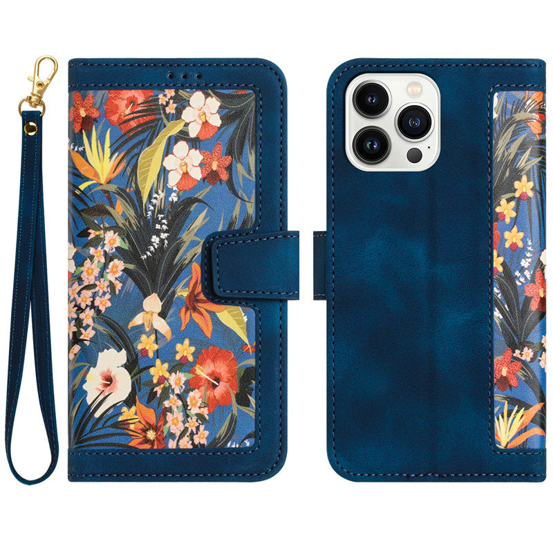 HKM-565011 Floral Flip Leather Case with Lanyard for iPhone Models