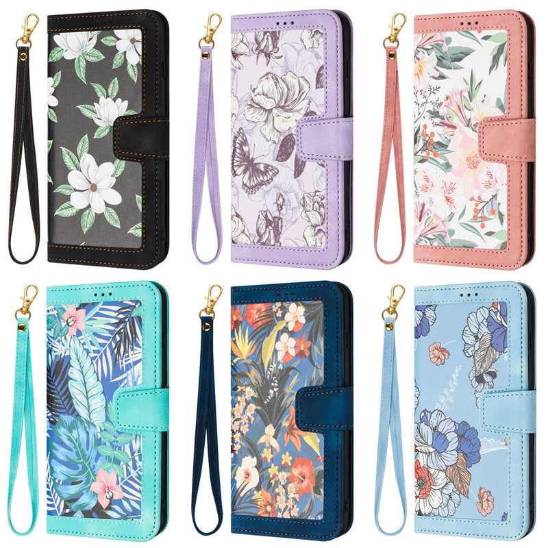 HKM-565011 Floral Flip Leather Case with Lanyard for iPhone Models