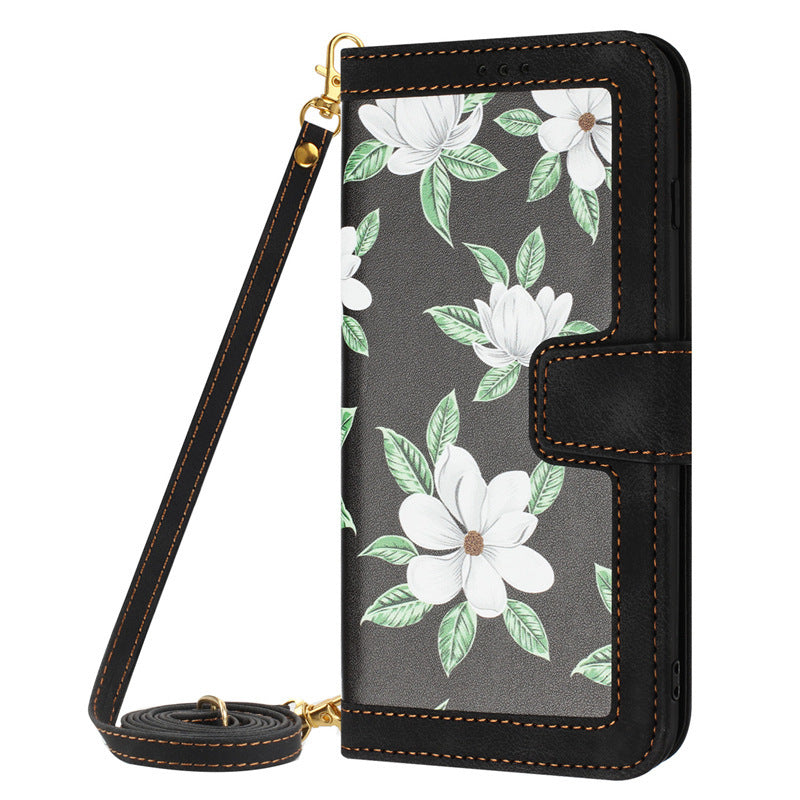 HKM-565011 Floral Flip Leather Case with Lanyard for iPhone Models