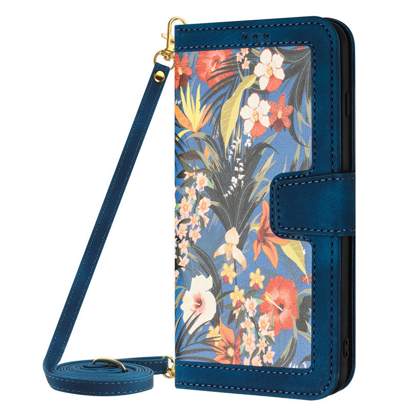HKM-565011 Floral Flip Leather Case with Lanyard for iPhone Models