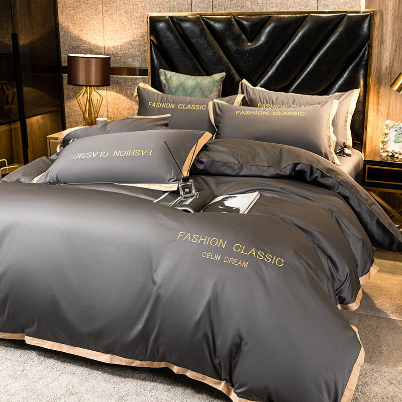 HKM-566227 Cotton Four-Piece Bedding Set with Embroidery Design and Personalized Fashion Elements