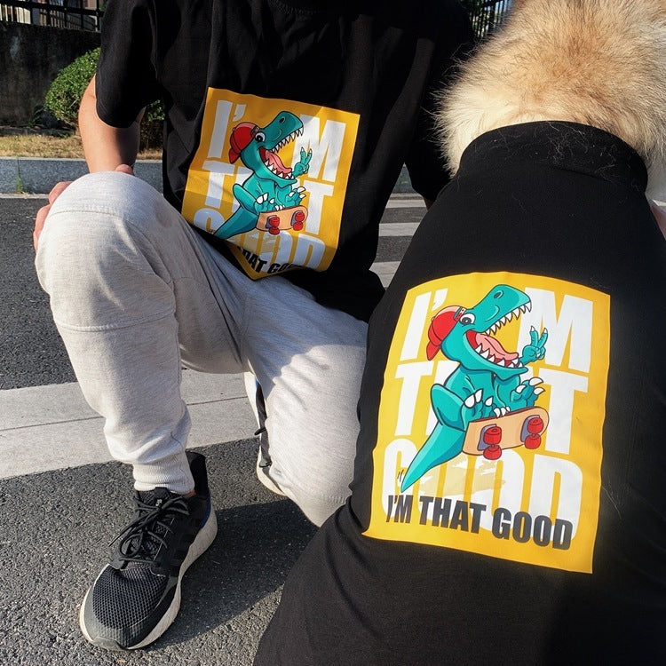 HKM-566675 Fashionable Cotton Anti-Fluff Parent-Child Pet Clothes with Skateboard Dinosaur Print