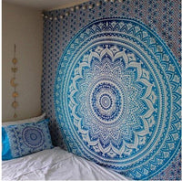 HKM-567763 Indian Mandala Tapestry in Green and Blue Floral Design - 210x150cm Wall Art, Bedspread, Yoga Blanket, Table Cloth