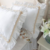 HKM-568275 Elegant White Cotton Pillowcase with Crochet Lace and Bow, 48cm x 74cm, Suitable for Single Pillows
