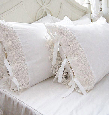 HKM-568275 Elegant White Cotton Pillowcase with Crochet Lace and Bow, 48cm x 74cm, Suitable for Single Pillows