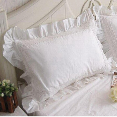 HKM-568275 Elegant White Cotton Pillowcase with Crochet Lace and Bow, 48cm x 74cm, Suitable for Single Pillows