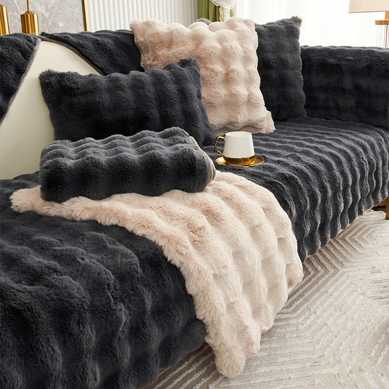 HKM-569747 Rabbit Velvet Sofa Cushion - Anti-Skid, Solid & Check Patterns, Multiple Sizes Available