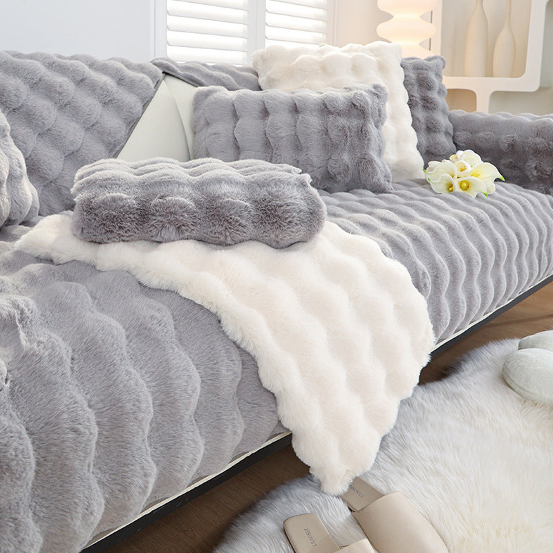 HKM-569747 Rabbit Velvet Sofa Cushion - Anti-Skid, Solid & Check Patterns, Multiple Sizes Available