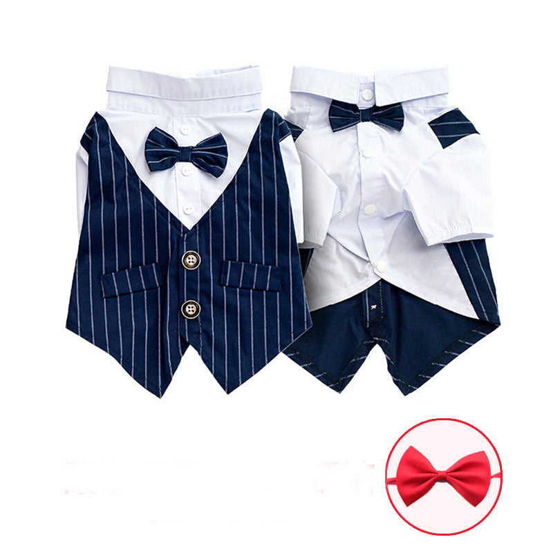 HKM-569811 Fashionable Pet Dog Suit with Bow Tie – Striped Design in Dark Blue, Black, and Burgundy, Sizes XS to XXL