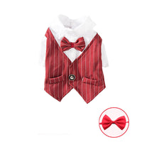HKM-569811 Fashionable Pet Dog Suit with Bow Tie – Striped Design in Dark Blue, Black, and Burgundy, Sizes XS to XXL