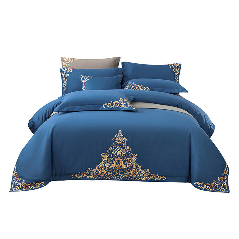 HKM-570195 Blue Cotton Matte Embroidered 4-Piece Bedding Set