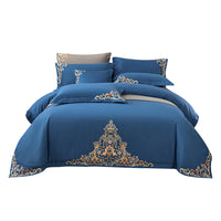 HKM-570195 Blue Cotton Matte Embroidered 4-Piece Bedding Set